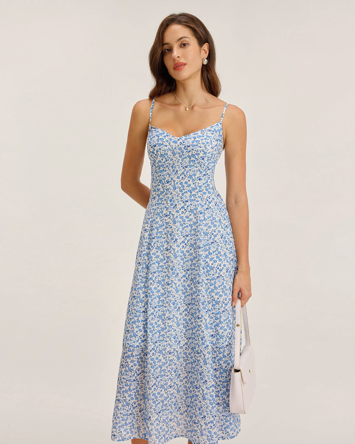 Blue Floral V Neck Shirred Slip Midi Dress - Threadford