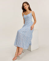Blue Floral V Neck Shirred Slip Midi Dress - Threadford
