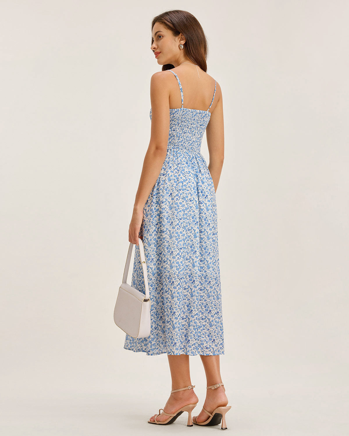 Blue Floral V Neck Shirred Slip Midi Dress - Threadford