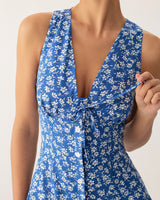 Blue Floral V Neck Sleeveless Midi Dress - Threadford