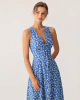 Blue Floral V Neck Sleeveless Midi Dress - Threadford