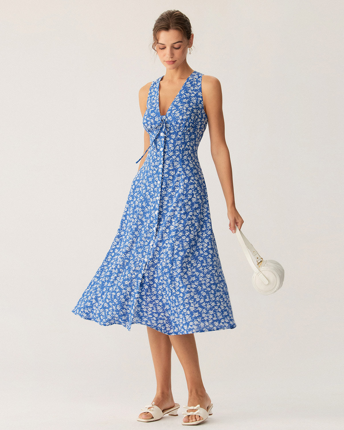Blue Floral V Neck Sleeveless Midi Dress - Threadford