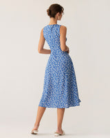 Blue Floral V Neck Sleeveless Midi Dress - Threadford