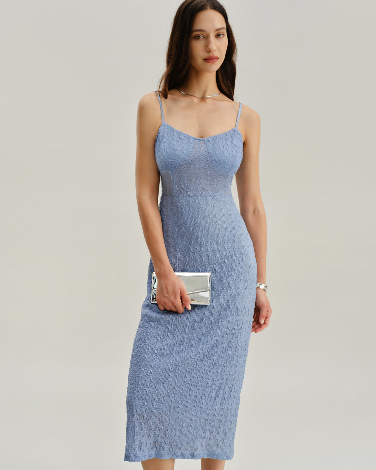 Blue Lace Slip Bodycon Midi Dress - Threadford