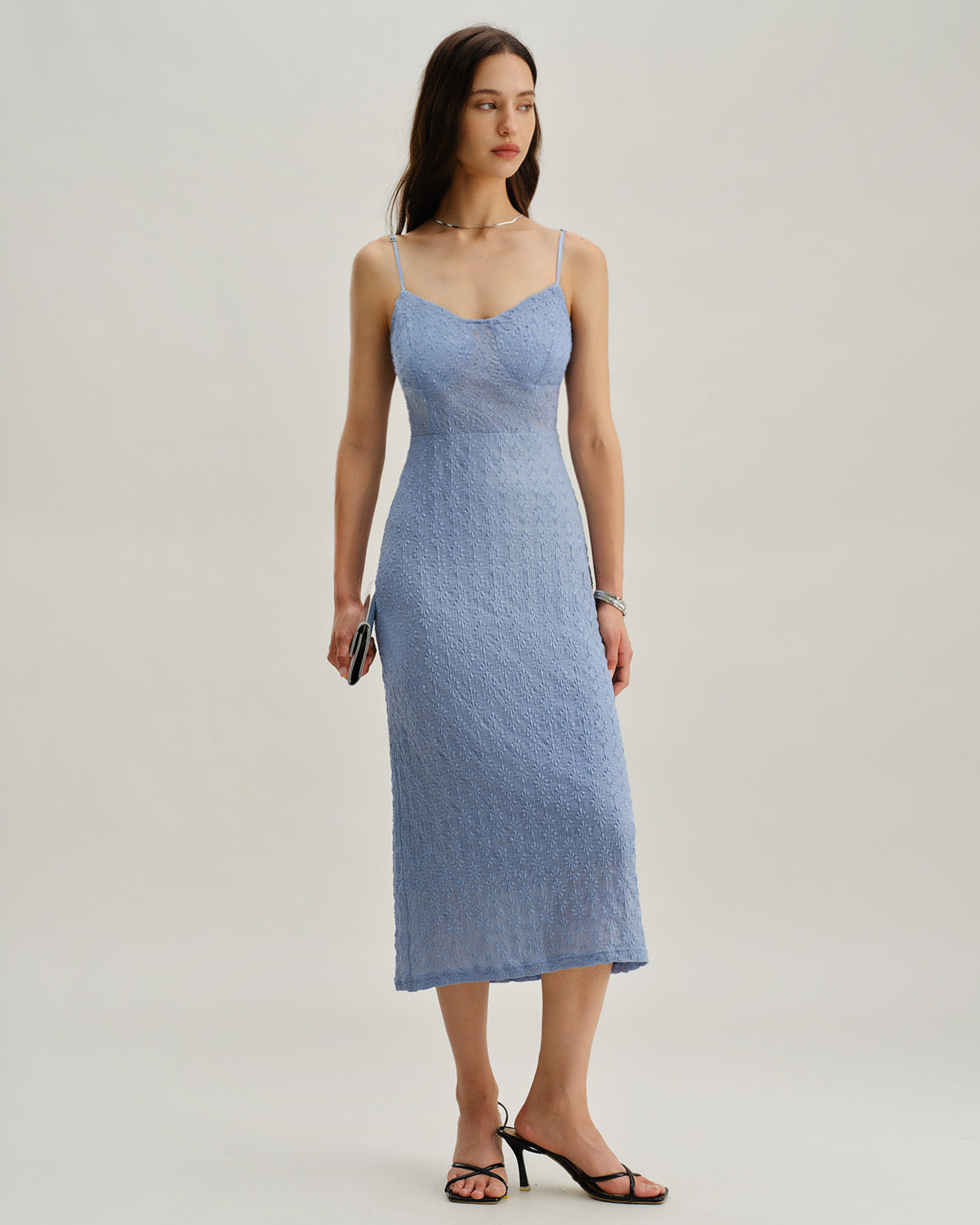 Blue Lace Slip Bodycon Midi Dress - Threadford