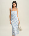 Blue Plaid Square Neck Slip Midi Dress - Threadford