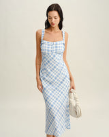 Blue Plaid Square Neck Slip Midi Dress - Threadford