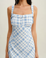 Blue Plaid Square Neck Slip Midi Dress - Threadford