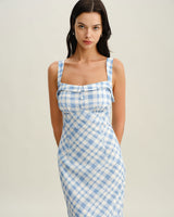 Blue Plaid Square Neck Slip Midi Dress - Threadford