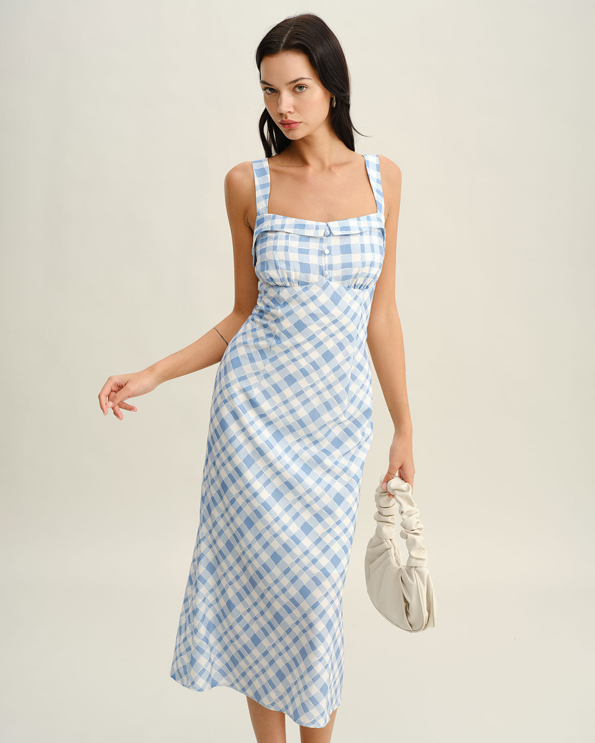 Blue Plaid Square Neck Slip Midi Dress - Threadford
