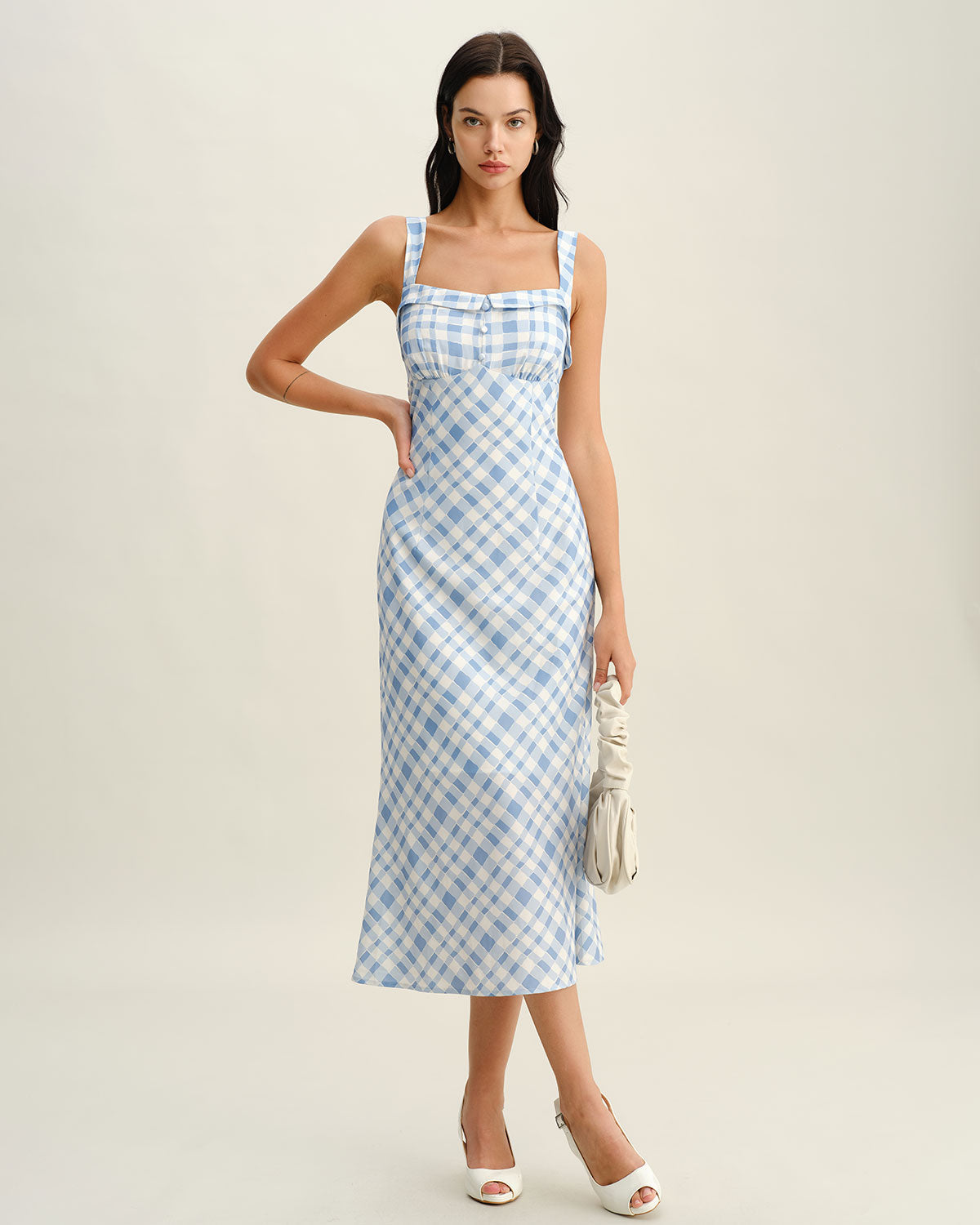 Blue Plaid Square Neck Slip Midi Dress - Threadford