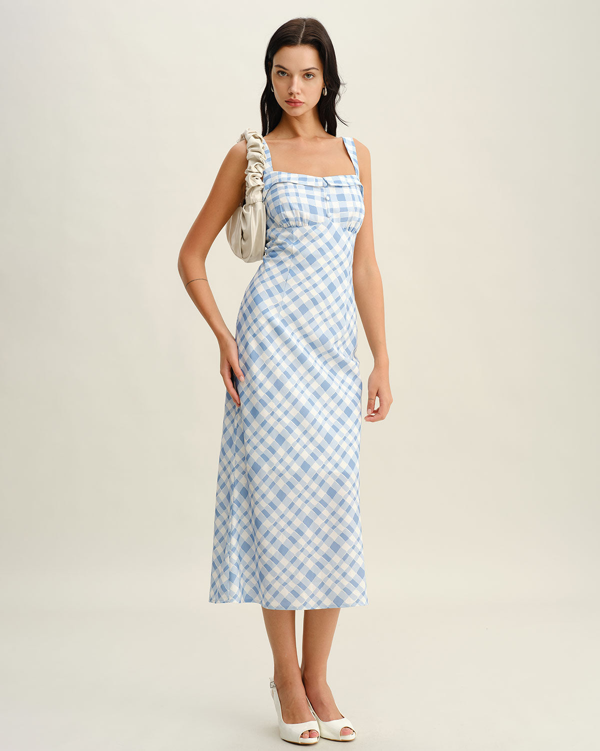 Blue Plaid Square Neck Slip Midi Dress - Threadford