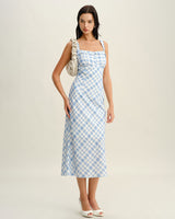 Blue Plaid Square Neck Slip Midi Dress - Threadford