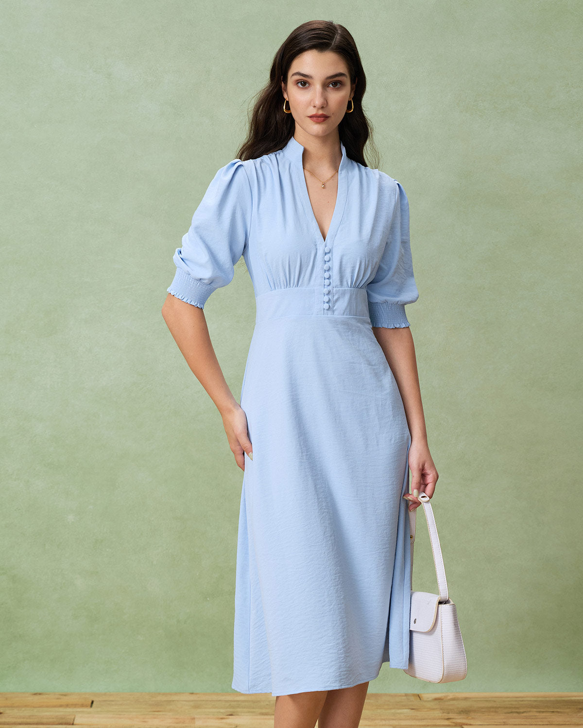 Blue Puffed Sleeve Pleated Midi Dress - Threadford