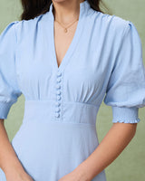 Blue Puffed Sleeve Pleated Midi Dress - Threadford