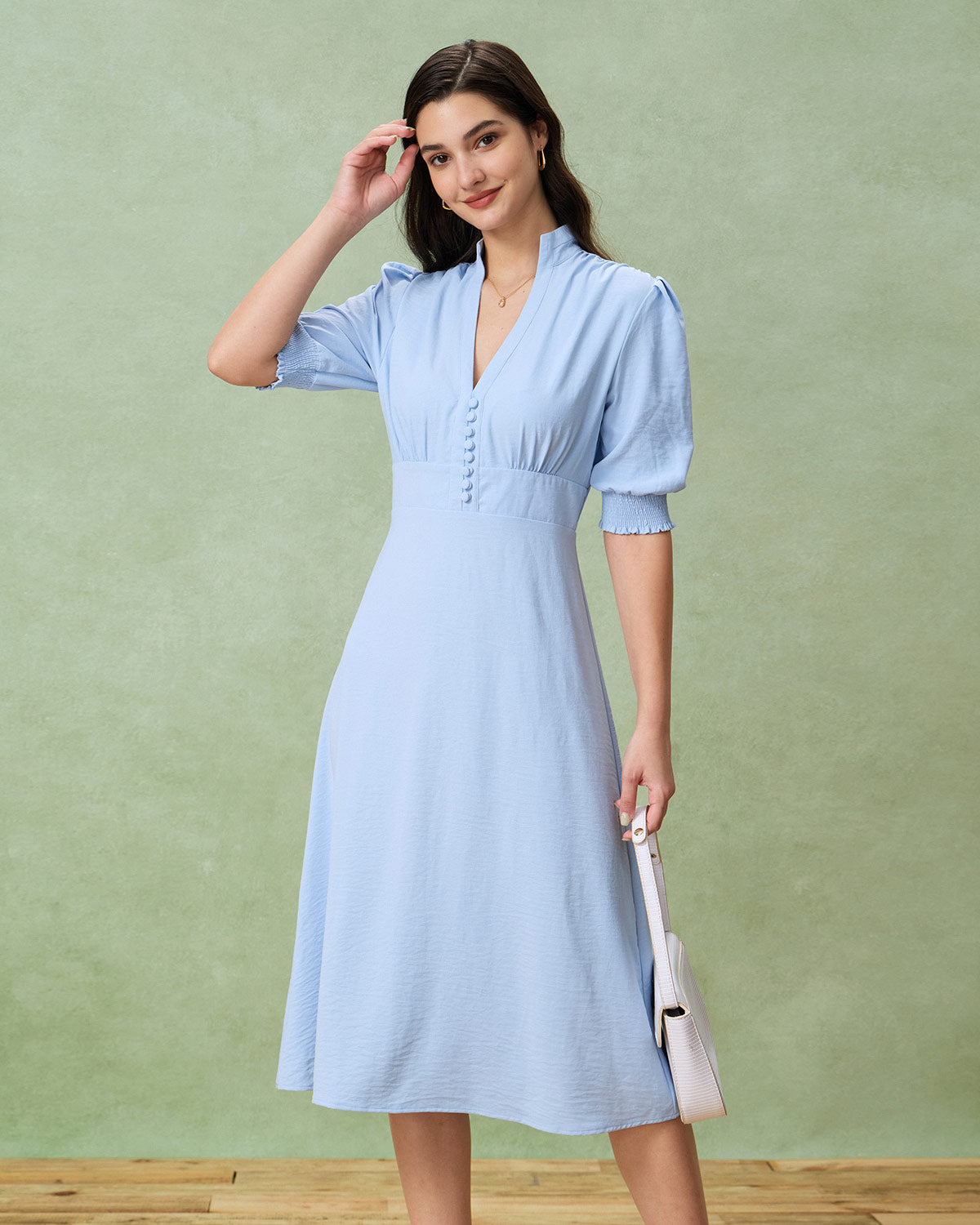 Blue Puffed Sleeve Pleated Midi Dress - Threadford