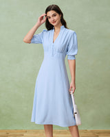 Blue Puffed Sleeve Pleated Midi Dress - Threadford