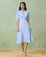 Blue Puffed Sleeve Pleated Midi Dress - Threadford