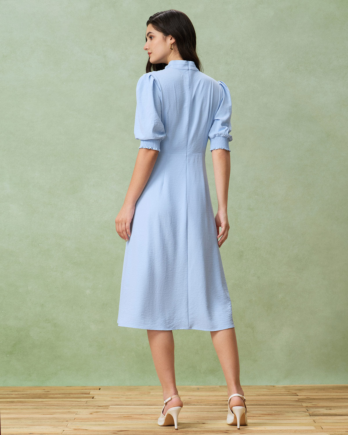 Blue Puffed Sleeve Pleated Midi Dress - Threadford