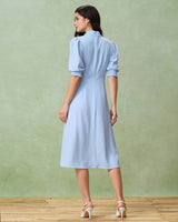 Blue Puffed Sleeve Pleated Midi Dress - Threadford