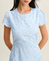 Blue Round Neck Button Slit Midi Dress - Threadford