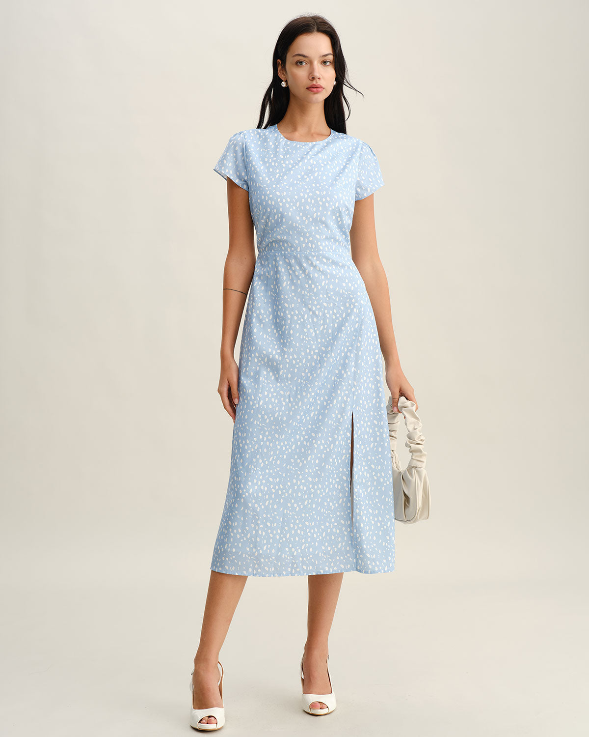 Blue Round Neck Button Slit Midi Dress - Threadford