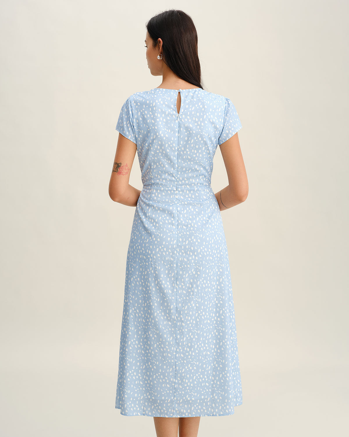 Blue Round Neck Button Slit Midi Dress - Threadford
