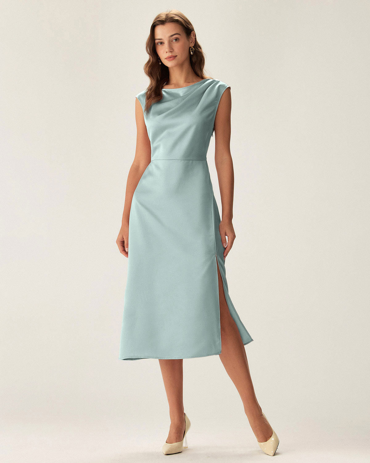 Blue Satin Boat Neck Slit Sleeveless Midi Dress - Threadford