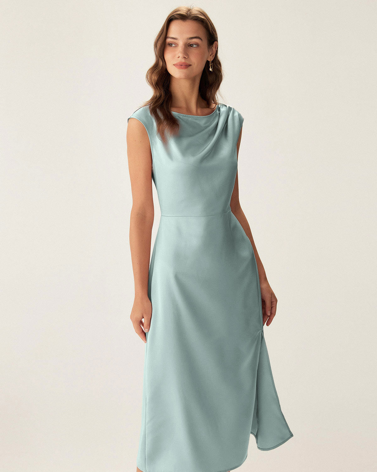 Blue Satin Boat Neck Slit Sleeveless Midi Dress - Threadford