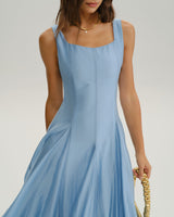 Blue Square Neck A-Line Sleeveless Midi Dress - Threadford