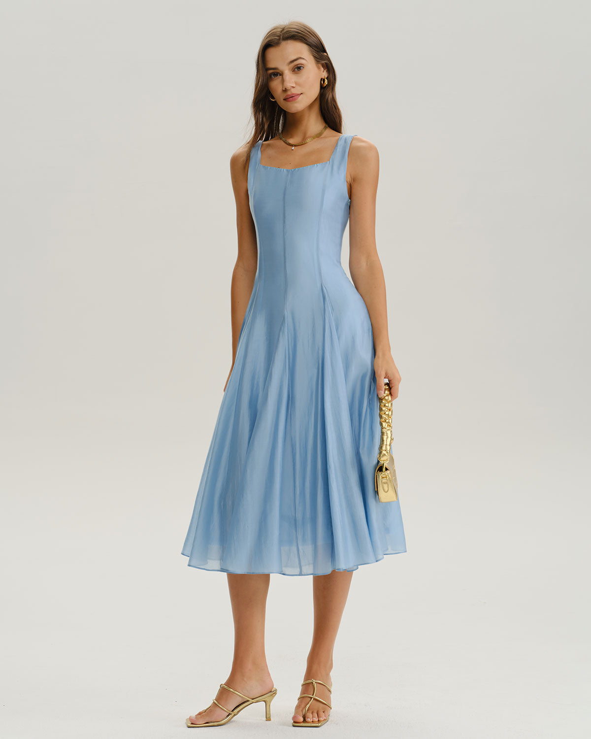 Blue Square Neck A-Line Sleeveless Midi Dress - Threadford