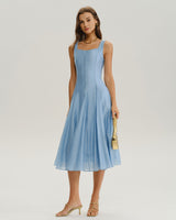 Blue Square Neck A-Line Sleeveless Midi Dress - Threadford