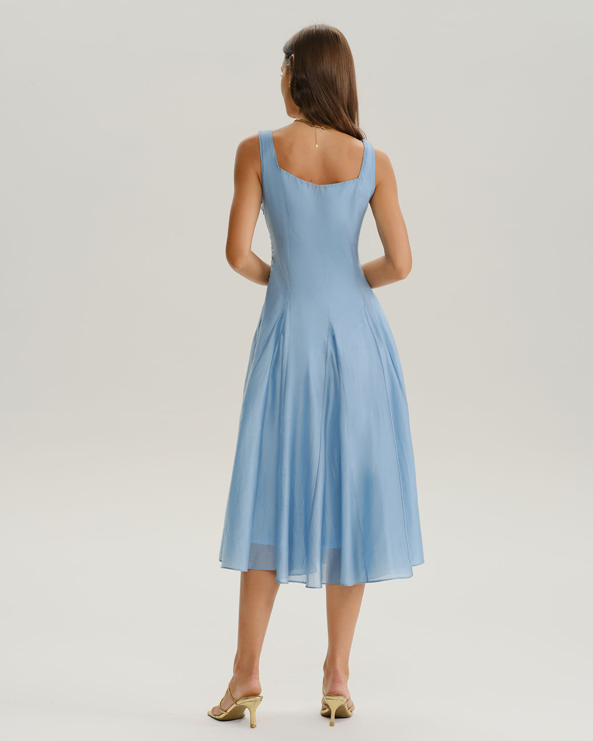 Blue Square Neck A-Line Sleeveless Midi Dress - Threadford