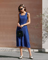 Blue Square Neck Pleated Sleeveless Midi Dress - Threadford