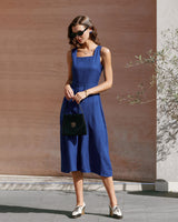 Blue Square Neck Pleated Sleeveless Midi Dress - Threadford