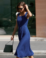 Blue Square Neck Pleated Sleeveless Midi Dress - Threadford