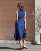 Blue Square Neck Pleated Sleeveless Midi Dress - Threadford