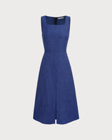 Blue Square Neck Pleated Sleeveless Midi Dress - Threadford