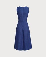 Blue Square Neck Pleated Sleeveless Midi Dress - Threadford