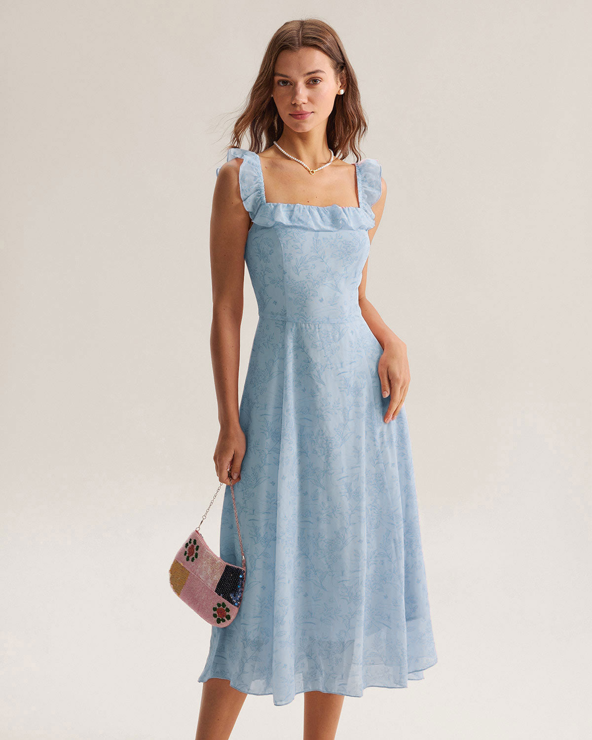 Blue Square Neck Ruffle Midi Dress - Threadford