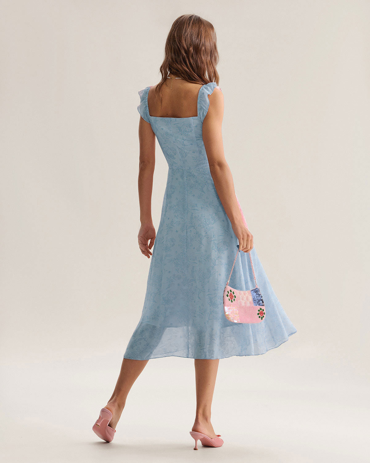 Blue Square Neck Ruffle Midi Dress - Threadford