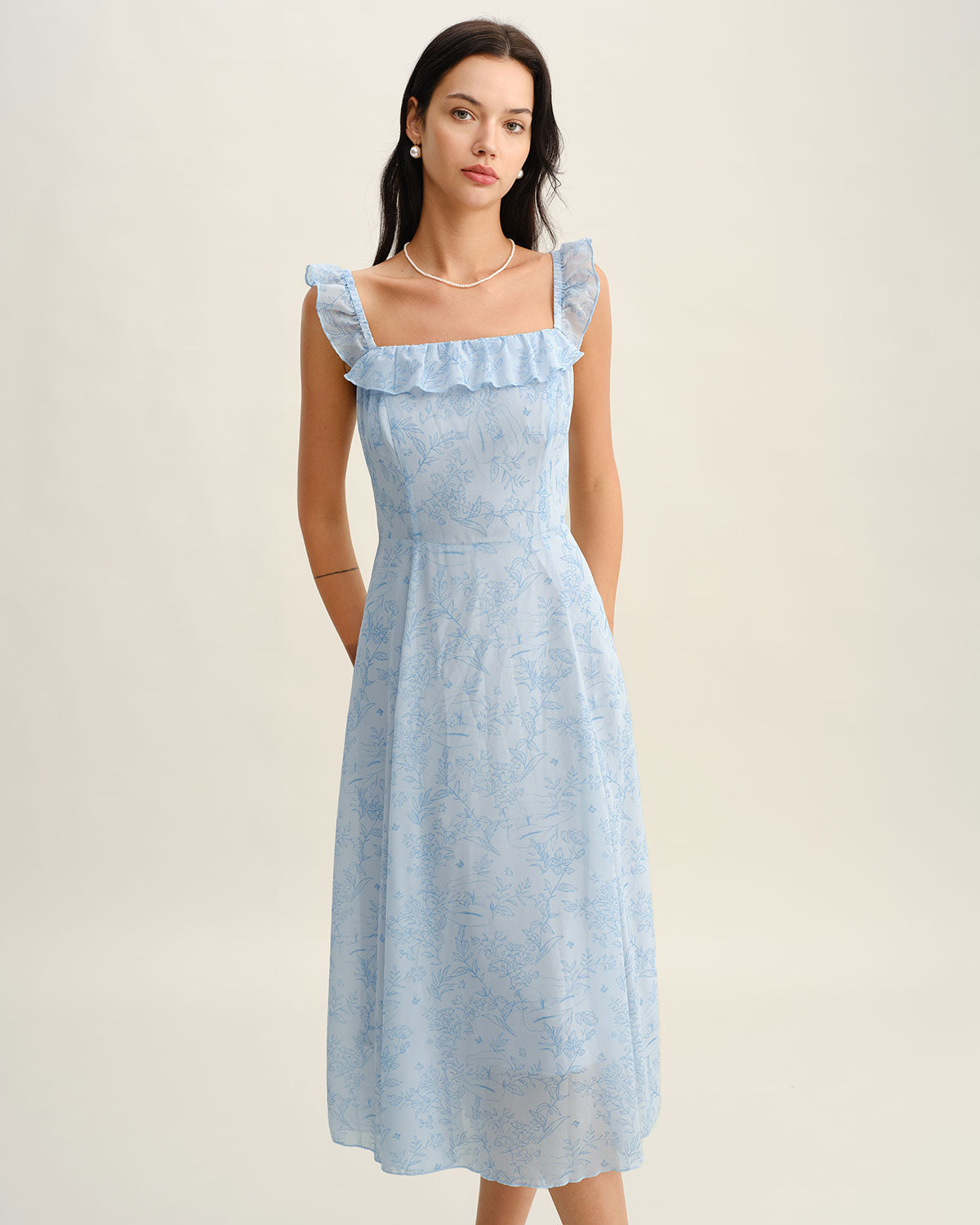Blue Square Neck Ruffle Midi Dress - Threadford