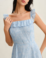 Blue Square Neck Ruffle Midi Dress - Threadford