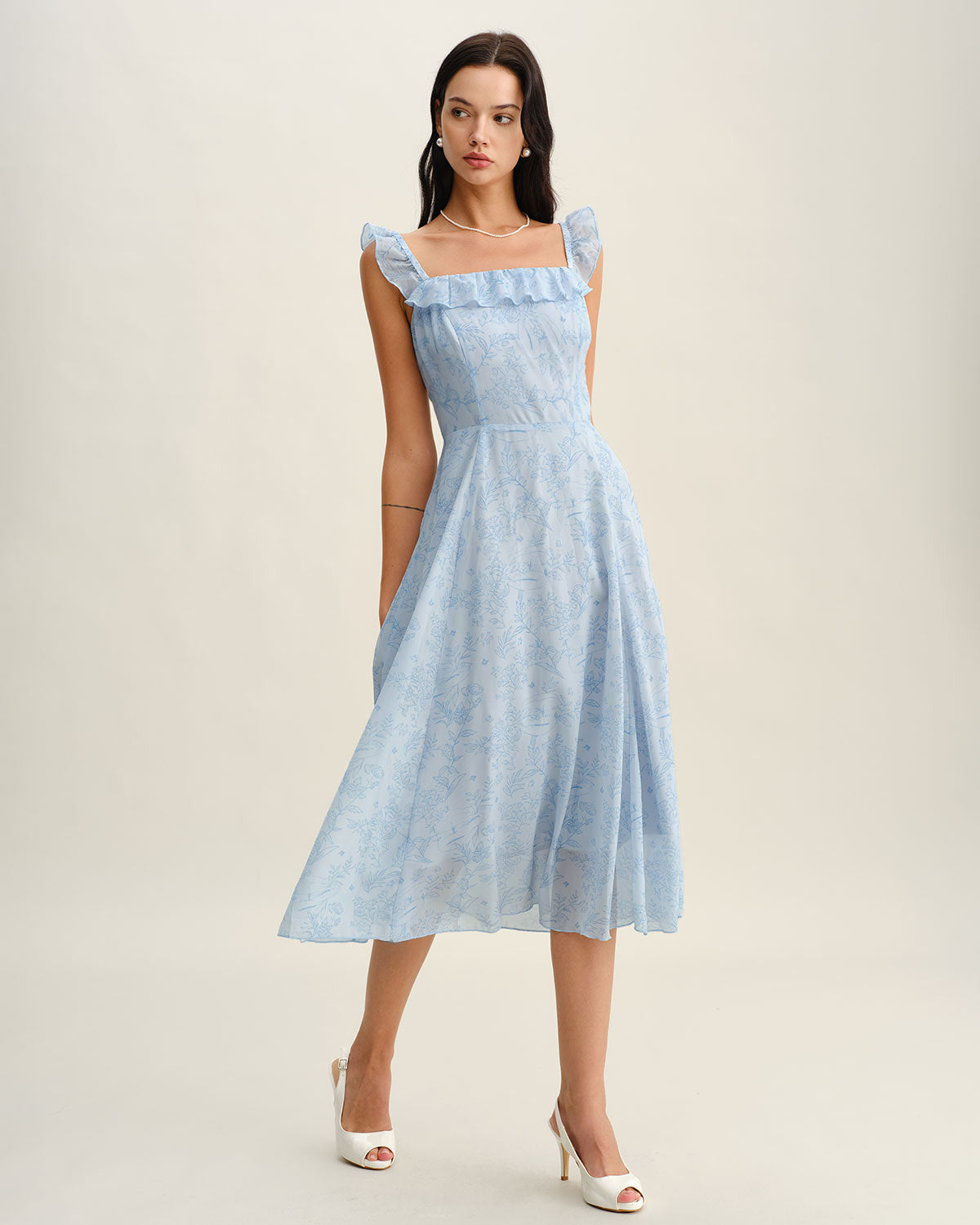 Blue Square Neck Ruffle Midi Dress - Threadford