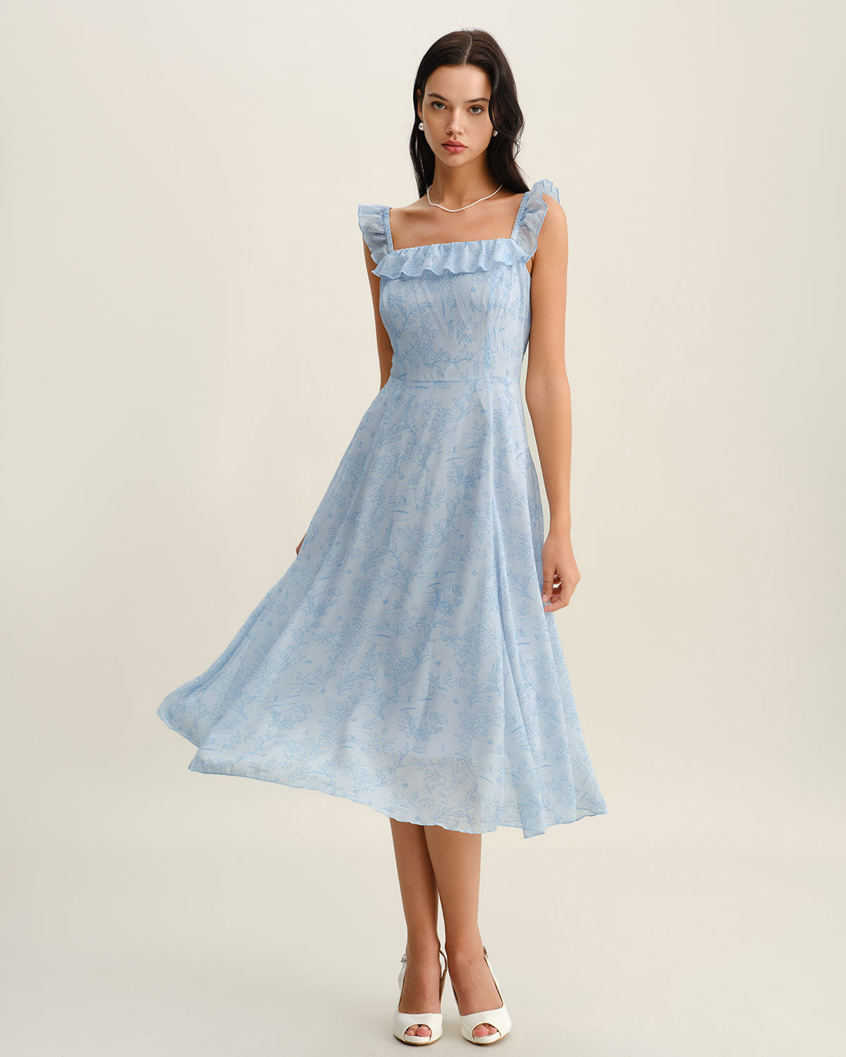 Blue Square Neck Ruffle Midi Dress - Threadford