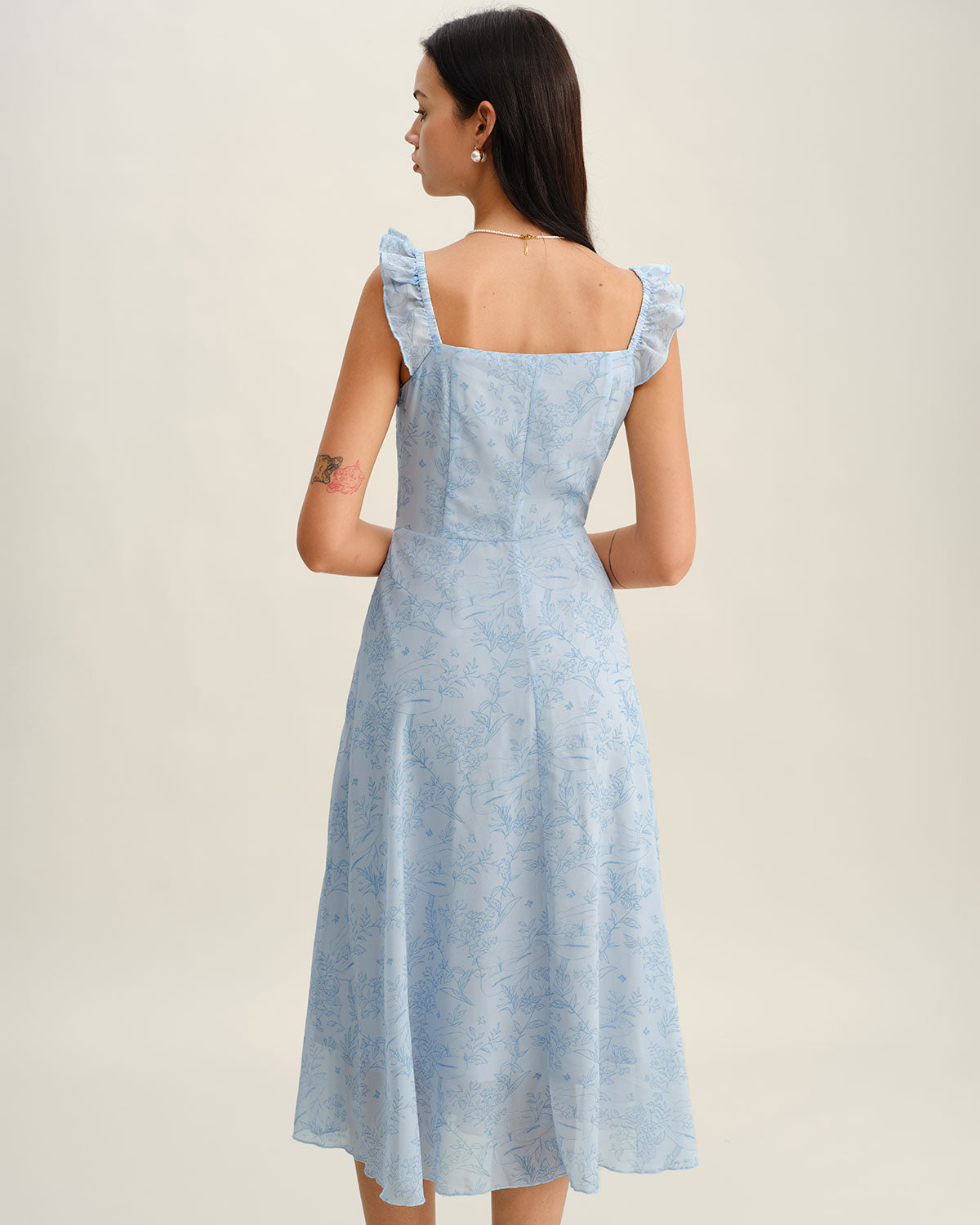 Blue Square Neck Ruffle Midi Dress - Threadford