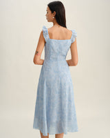 Blue Square Neck Ruffle Midi Dress - Threadford