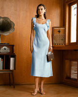 Blue Square Neck Ruffle Satin Midi Dress - Threadford