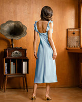 Blue Square Neck Ruffle Satin Midi Dress - Threadford