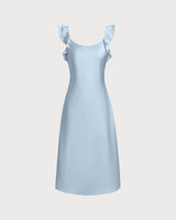 Blue Square Neck Ruffle Satin Midi Dress - Threadford